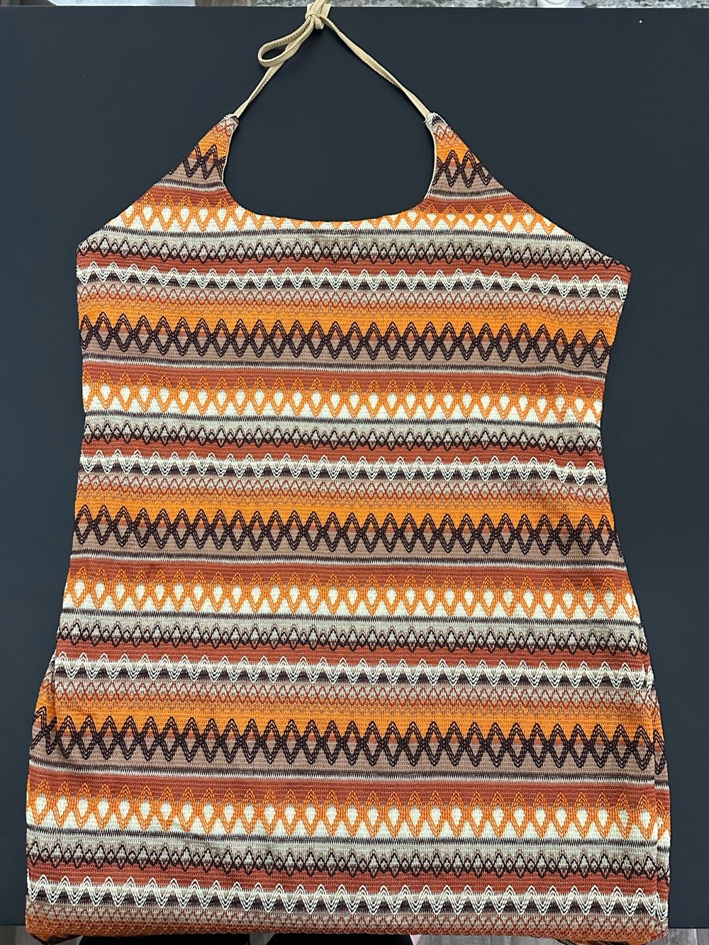 SHEIN Emery Rose Boho Chevron Knit Halter Mini Dress Orange Brown 2XL